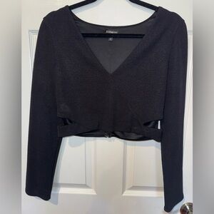Express Black Cropped V-Neck Long Sleeve Top with Cutout Hem